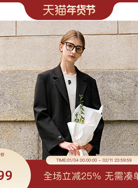 PIT黑色经典百搭西装外套女2025冬季新款百搭中长款外套