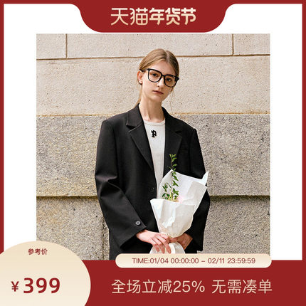 PIT黑色经典百搭西装外套女2025冬季新款百搭中长款外套