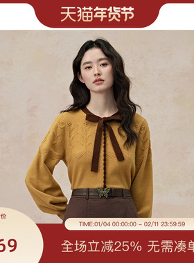 【博主同款】PIT姜黄色复古针织衫蝴蝶结圆领毛衣内搭新款打底衫