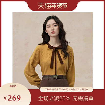 【博主同款】PIT姜黄色复古针织衫蝴蝶结圆领毛衣内搭新款打底衫
