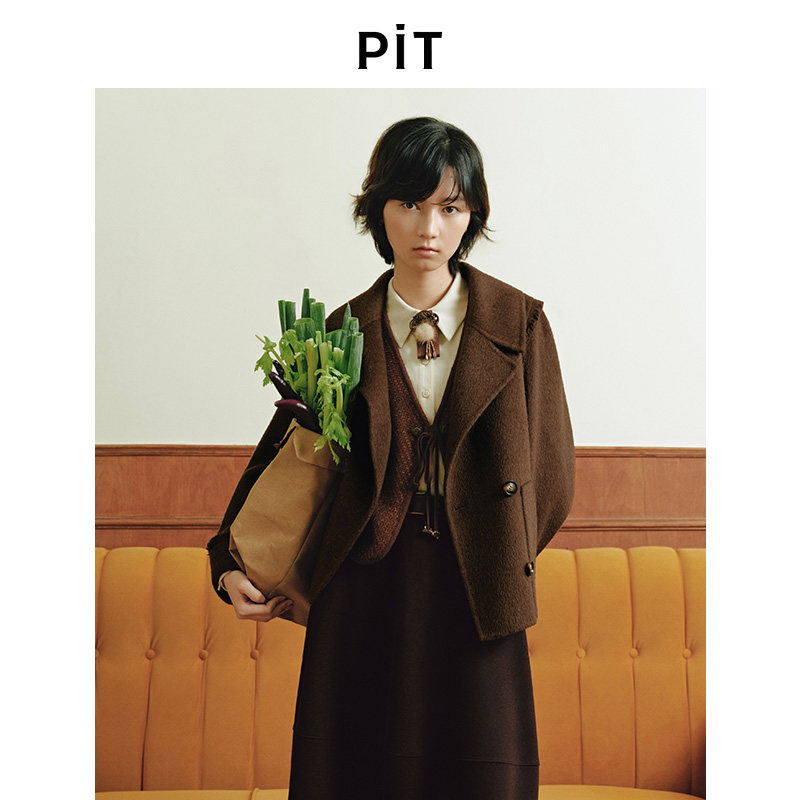PIT复古短款毛呢外套女秋冬大翻领通勤文艺小个子气质双面呢大衣图片