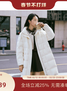 PIT中长款白色鸭绒羽绒服女无帽围巾2025冬季新款保暖外套