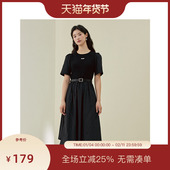 连衣裙女2025春新款 PIT法式 黑色圆领收腰拼接短袖 不规则A字长裙