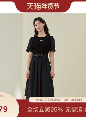 PIT法式黑色圆领收腰拼接短袖连衣裙女2025春新款不规则A字长裙