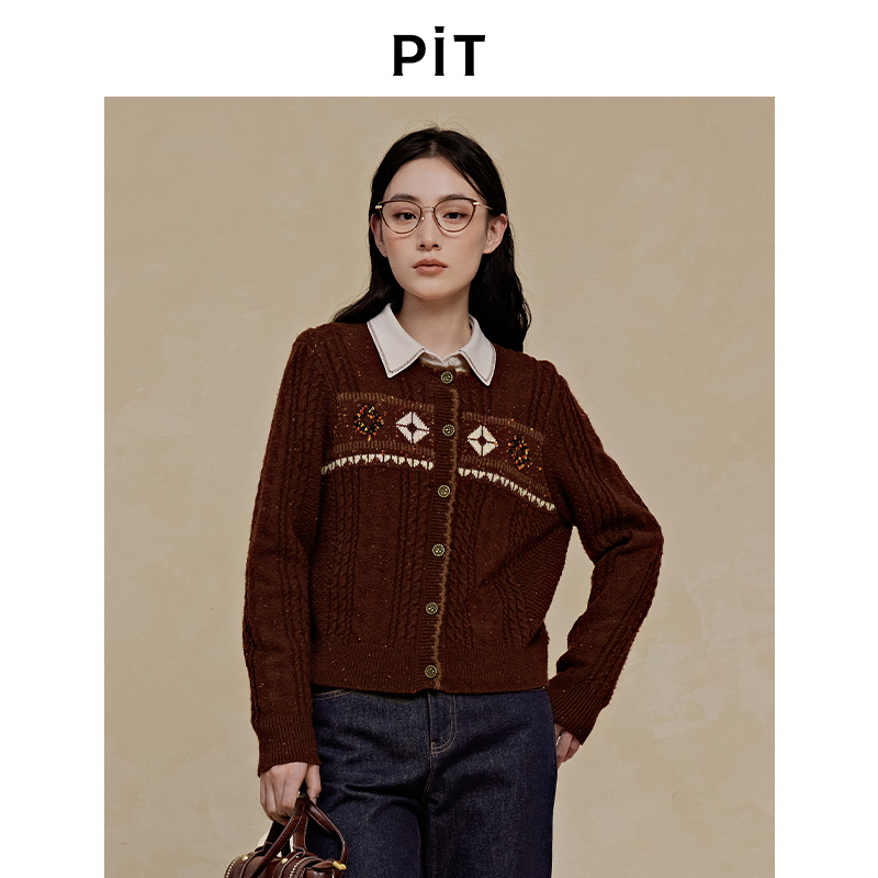 PIT长袖圆领毛针织衫女2025秋季新款丹宁风开衫上衣外套百搭