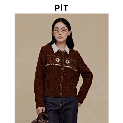 PIT长袖圆领毛针织衫女2025秋季新款丹宁风开衫上衣外套百搭