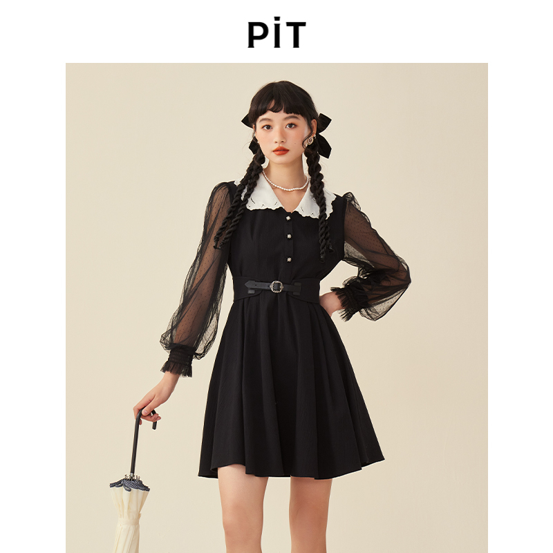 PIT复古法式蕾丝拼接腰带黑色收腰长袖连衣裙女2025秋装新款裙子