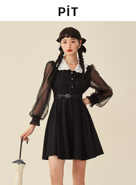 PIT复古法式蕾丝拼接腰带黑色收腰长袖连衣裙女2025春装新款裙子