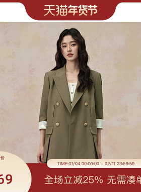 PIT绿色薄款条纹拼接短袖西装外套女2025夏英伦风职业西服上衣