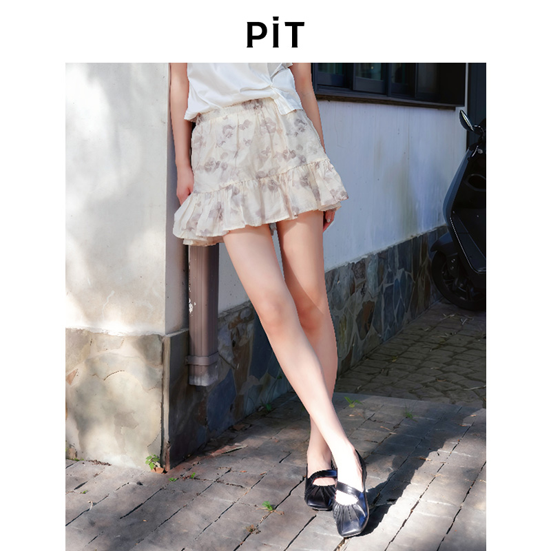 PIT碎花A字松紧腰短裙半身裙女2025夏清新甜美薄款雪纺花苞裙