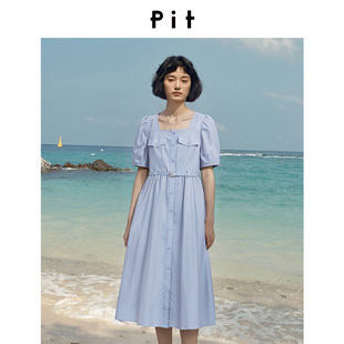 PIT中长款方领短袖连衣裙100%棉2026春季新款百搭显瘦收腰