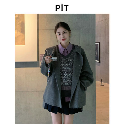 PIT100%绵羊毛呢外套女冬季长袖短外套显瘦小个子百搭
