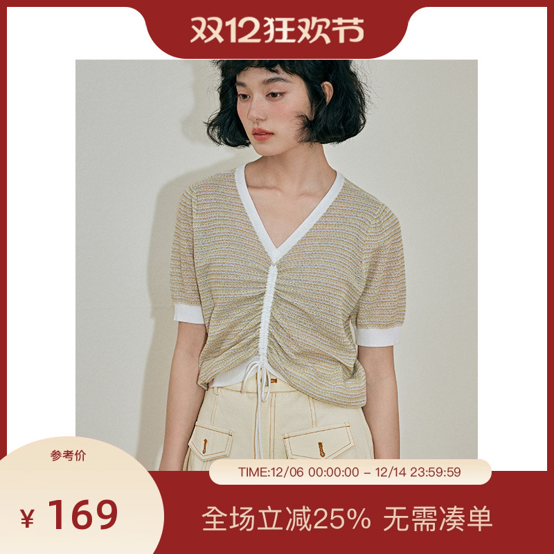 PIT复古抽绳针织衫短袖T恤女2025夏季新款V领小众短款豆绿色上衣