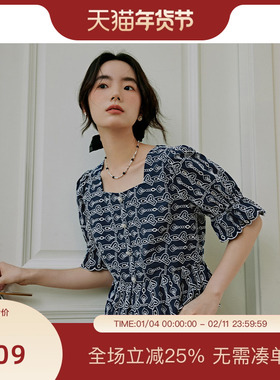 pit复古撞色方领法式泡泡袖衬衫上衣女2025春季新款小众短袖上衣