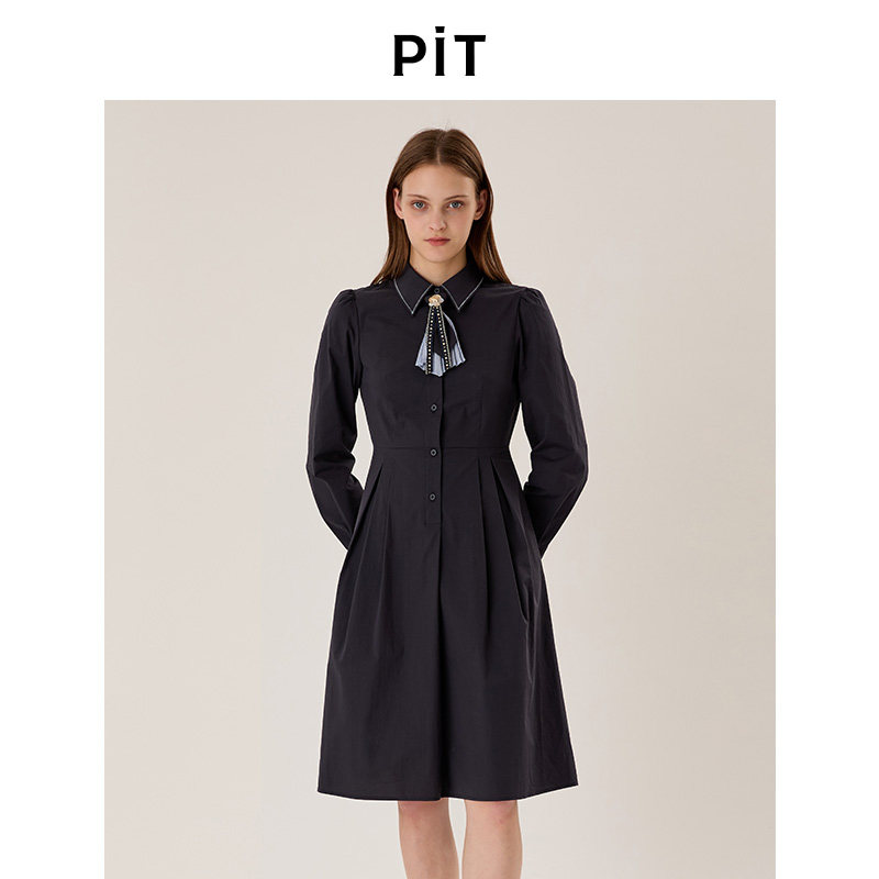 PIT纯色翻领收腰A字领带长袖衬衫裙连衣裙女秋季显瘦中长裙