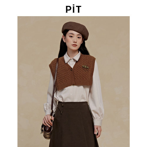 PIT长袖两件套衬衫女秋冬针织披肩百搭显瘦衬衣上衣