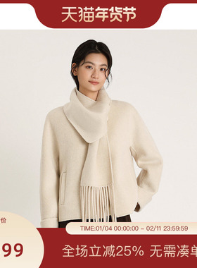 PIT100%绵羊毛呢外套女2025春季新款围巾两件套短款大衣百搭