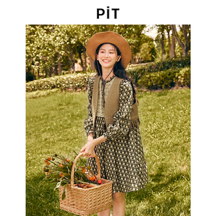 PIT法式碎花拼接系带花瓣领长袖连衣裙女2025秋田园风中长裙