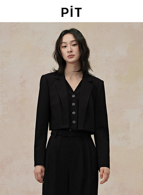 PIT黑色假两件廓形西装短外套女2025春职业甜酷oversize上衣