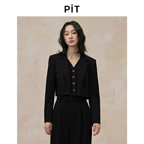 PIT黑色假两件廓形西装短外套女秋季职业甜酷oversize上衣