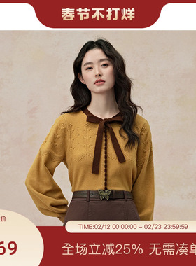 【博主同款】PIT姜黄色复古针织衫蝴蝶结圆领毛衣内搭新款打底衫