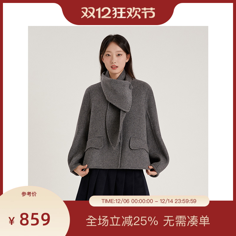 PIT复古灰色100%绵羊毛呢外套2025秋季新款短款外套小个子显高