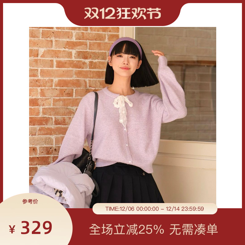 【博主同款】PIT套头蝴蝶结软糯毛针织衫米色紫色上衣2025冬季