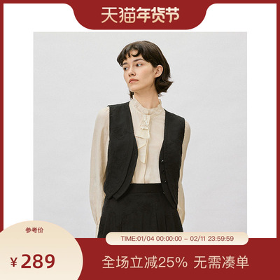 PIT法式复古纯色立领领结长袖衬衫雪纺衫女2025春薄款透气上衣