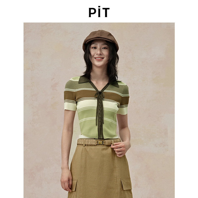 PIT复古百搭条纹短袖针织衫翻领系带2025春季新款女士上衣毛衣