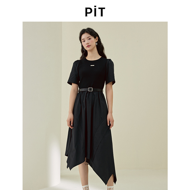 PIT法式黑色圆领收腰拼接短袖连衣裙女2025春新款不规则A字长裙