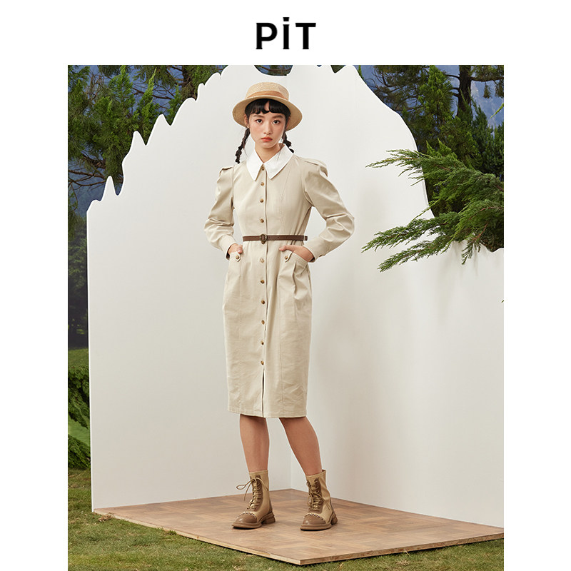 PIT复古收腰中长款翻领风衣连衣裙百搭显瘦冬季新款气质设计款
