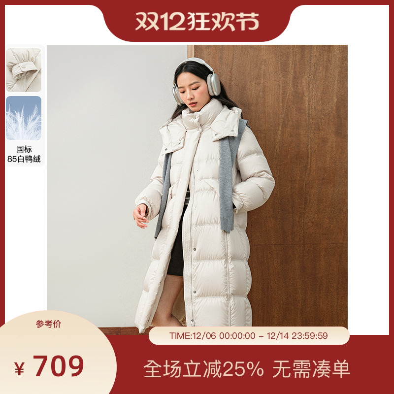 PIT2025年新款冬季立玲连帽羽绒服收腰显瘦中长款保暖外套女