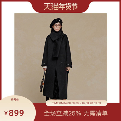 PIT100%绵羊毛呢外套女2025冬季新款长款大衣黑色百搭显瘦
