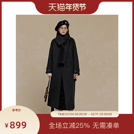 PIT100%绵羊毛呢外套女2025冬季新款长款大衣黑色百搭显瘦