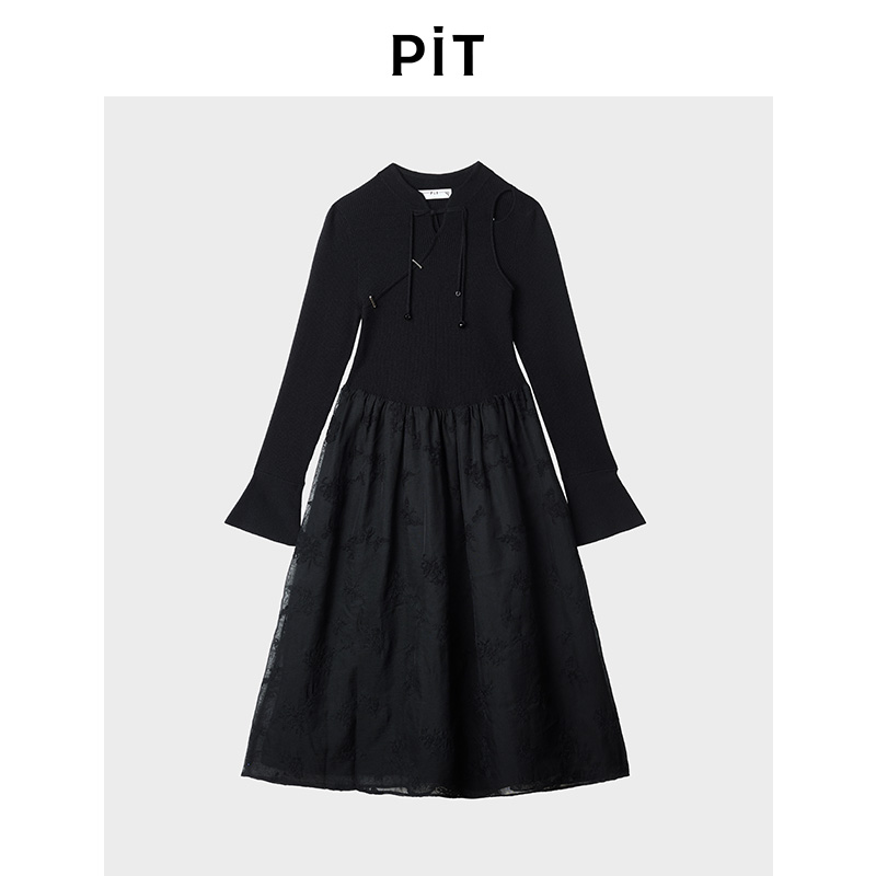 PIT拼接中长款长袖连衣裙2025冬季新款显瘦百搭纱裙
