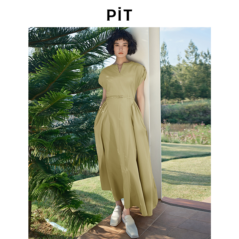 PIT复古V领收腰绑带A字短袖连衣裙女2025夏薄款透气修身中长裙