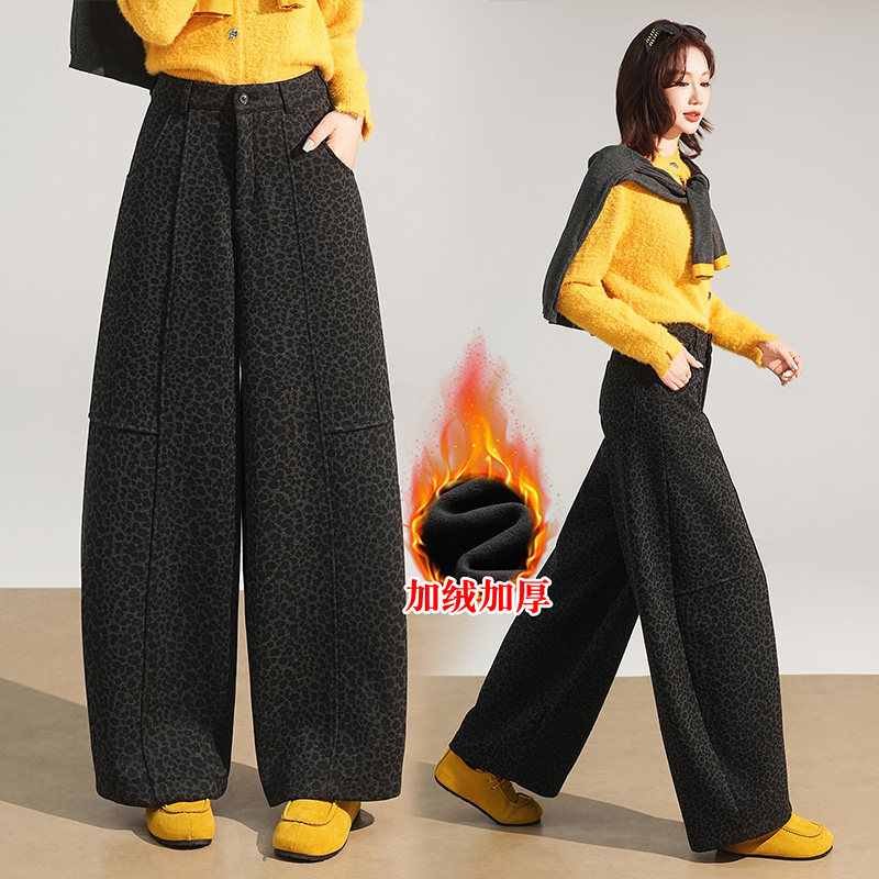 加绒豹纹弯刀阔腿裤女休闲裤