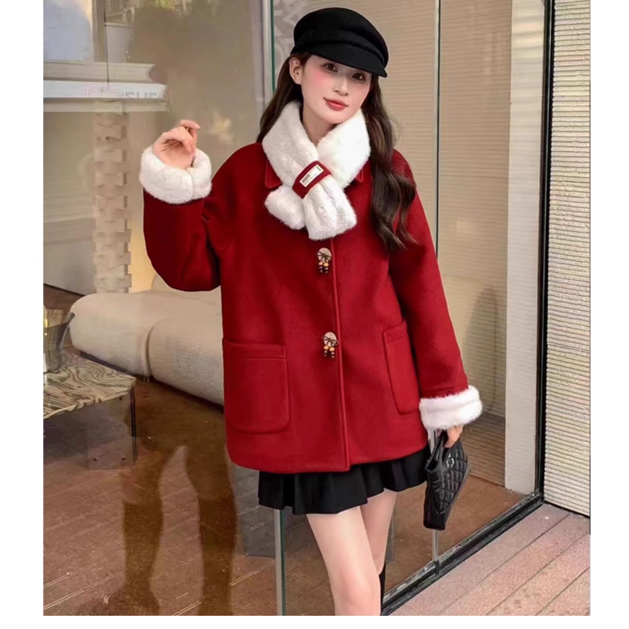 时尚毛呢外套中长款加厚红大衣女