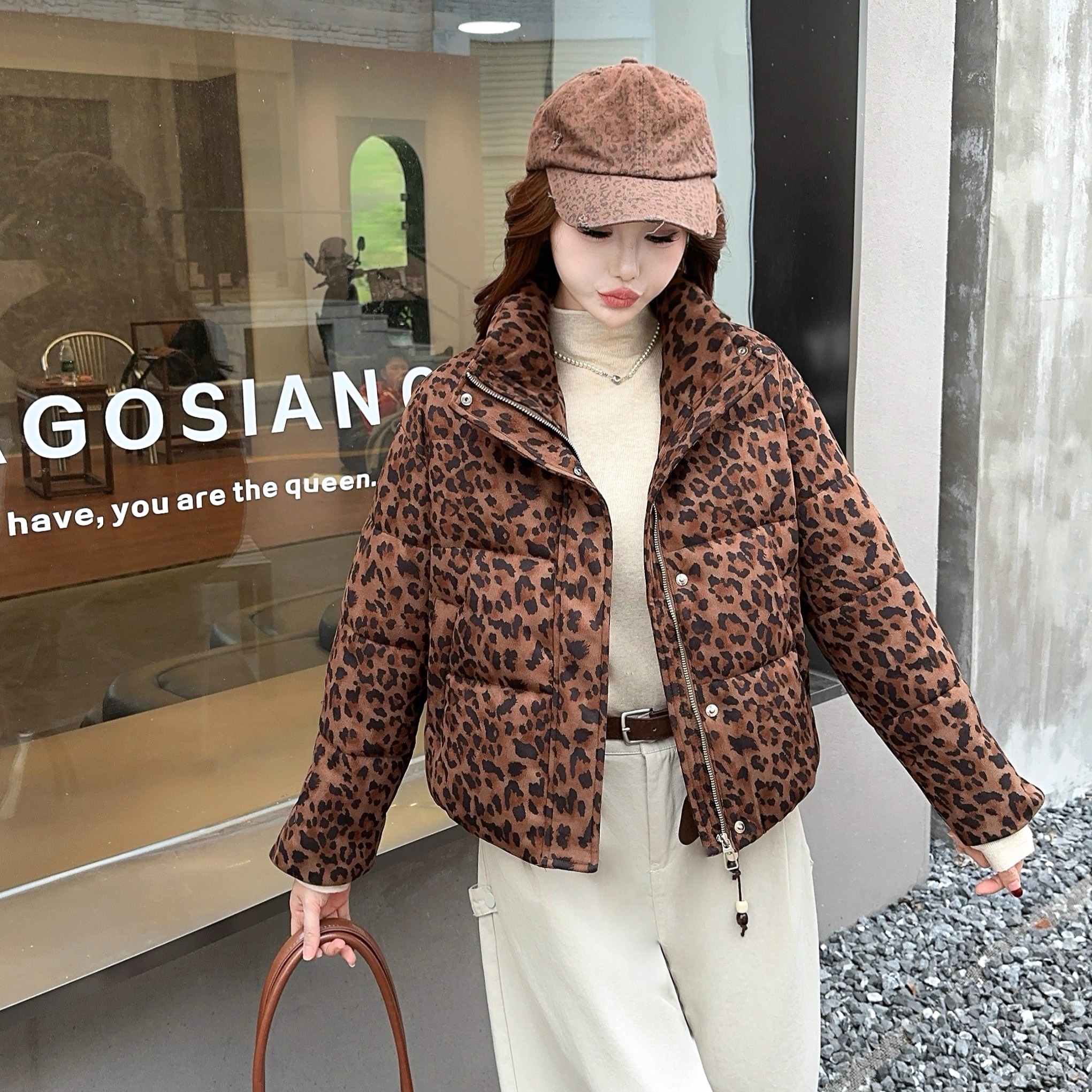 豹纹短款休闲棉服棉袄保暖外套女