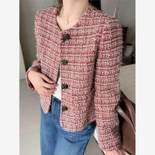 我行我秀粉色小香风粗花呢外套女秋冬2025新加厚宽松休闲羊毛上衣