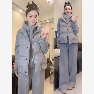 洋气棉马甲加绒连帽卫衣阔腿裤 时尚 新款 女2025冬季 三件套 休闲套装