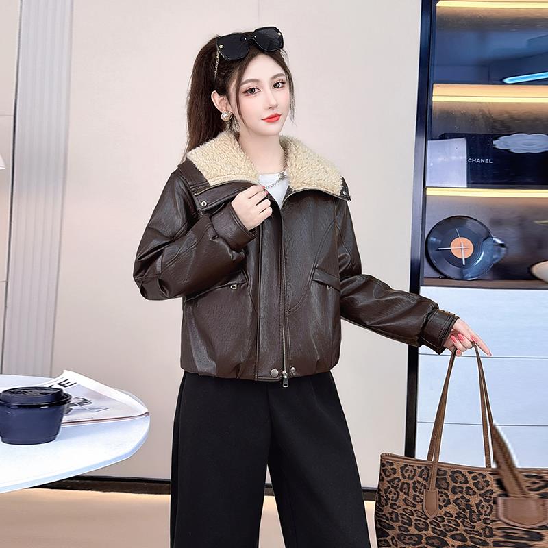 时尚加绒加厚短款皮衣外PU皮棉服
