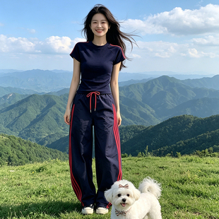 小个子休闲运动纯色套装女2026年夏季新款撞色T恤上衣裤子两件套