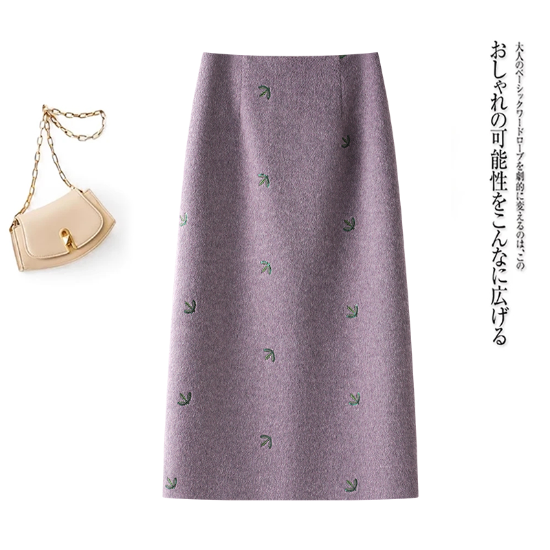 紫色毛呢半身裙女刺绣中长A字裙