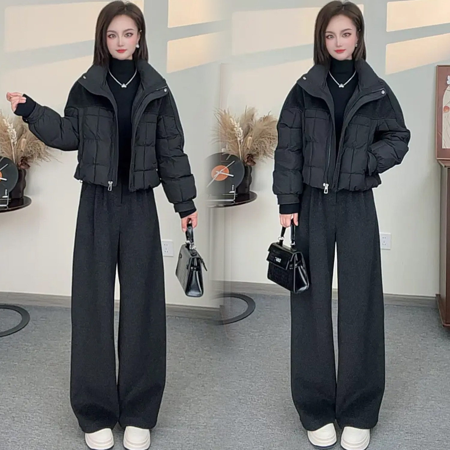 时尚毛呢拼接棉服套装女2025冬季新款显瘦立领棉服阔腿裤两件套潮,女装/女士精品,时尚套装,淘宝优惠券,粉丝福利购,淘宝优惠卷