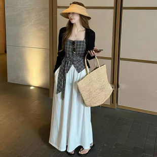 时尚套装女2026夏季新款洋派冰丝针织开衫格子吊带阔腿裤三件套潮