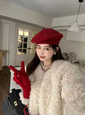 梦圆红色针织毛线贝雷帽手套2件套女秋冬显脸小蓝色帽子