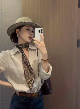 老钱风帽子丝巾1套 法式镂空平顶草帽女夏度假风海边大帽檐帽子
