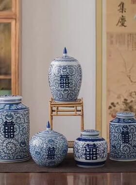 中式景德镇青花喜字罐陶瓷罐茶叶罐中式茶道摆件复古民宿家居饰品