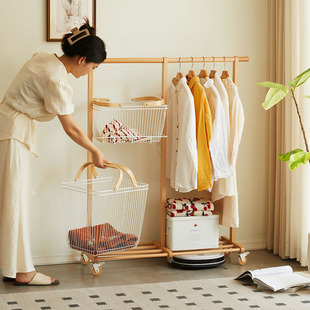 简约家用实木挂衣架卧室落地衣帽架室内简易可移动脏衣篓晾衣架
